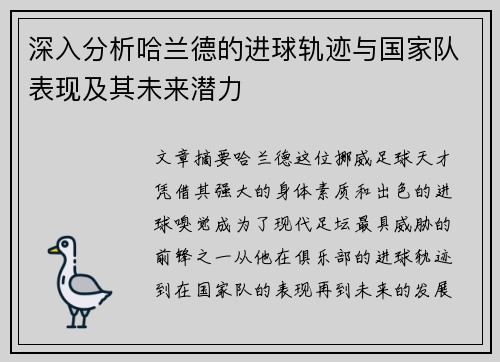 深入分析哈兰德的进球轨迹与国家队表现及其未来潜力